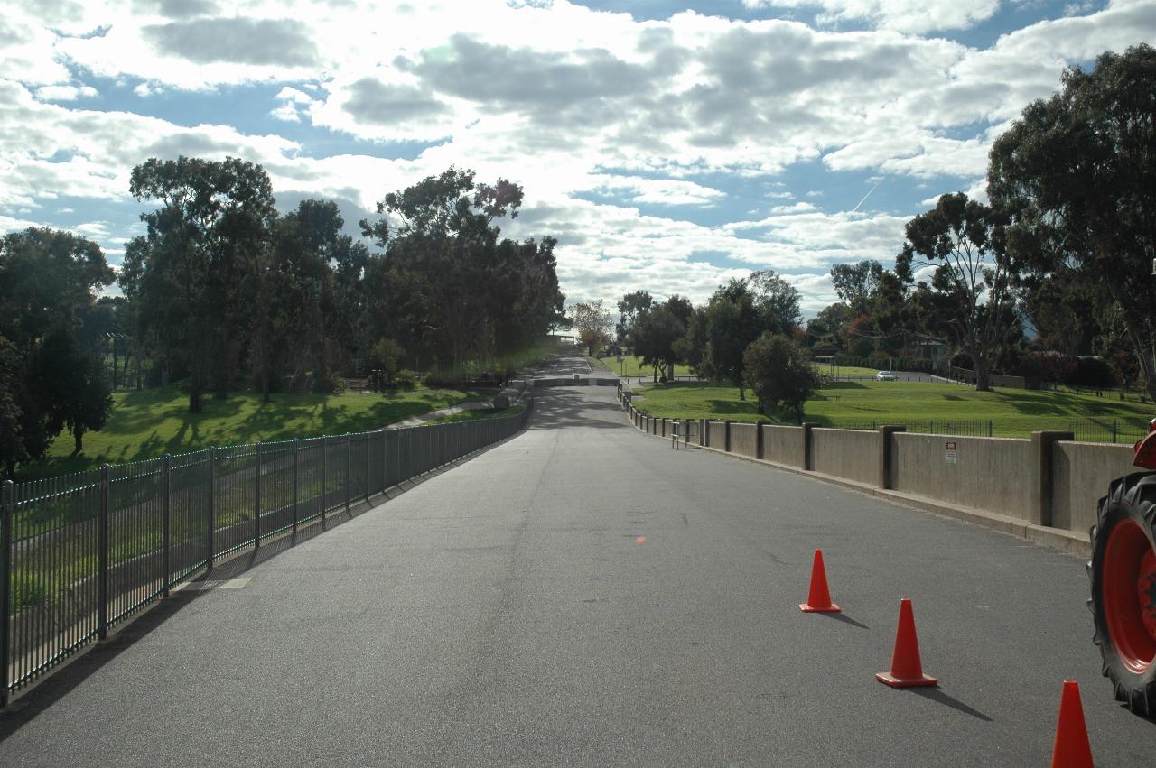 Road heading to tree covered rise in distance, traffic cones on road