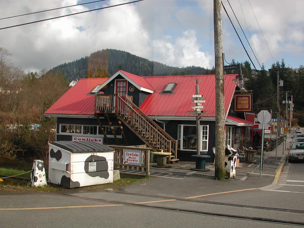 Coffee shop and street furniture with cow motif in Cow Bay, Prince Rupert
