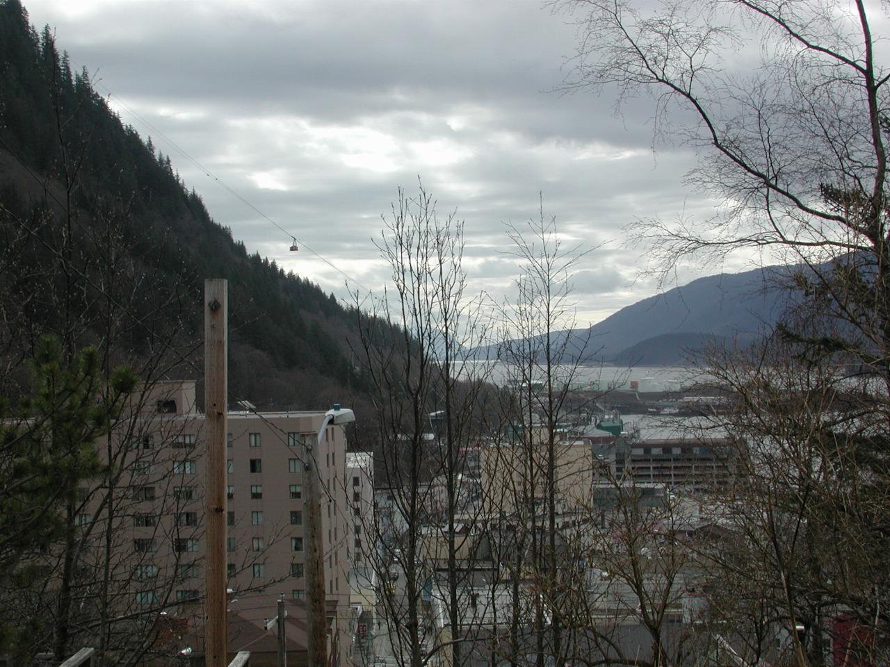 Downtown Juneau and Gastineau Channel, and cable car is operating