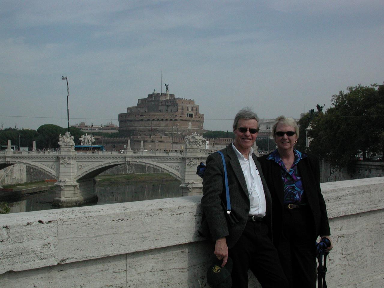 Peter and Yvonne on Tiber bridge; Castel Sant'Angelo in rear