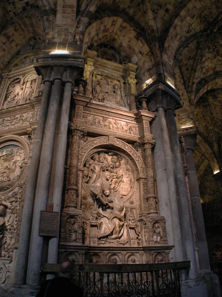 Sculpture of Don Alonso de Madrigal by Vasco de la Zarza at back of sanctuary of Avila Cathedral