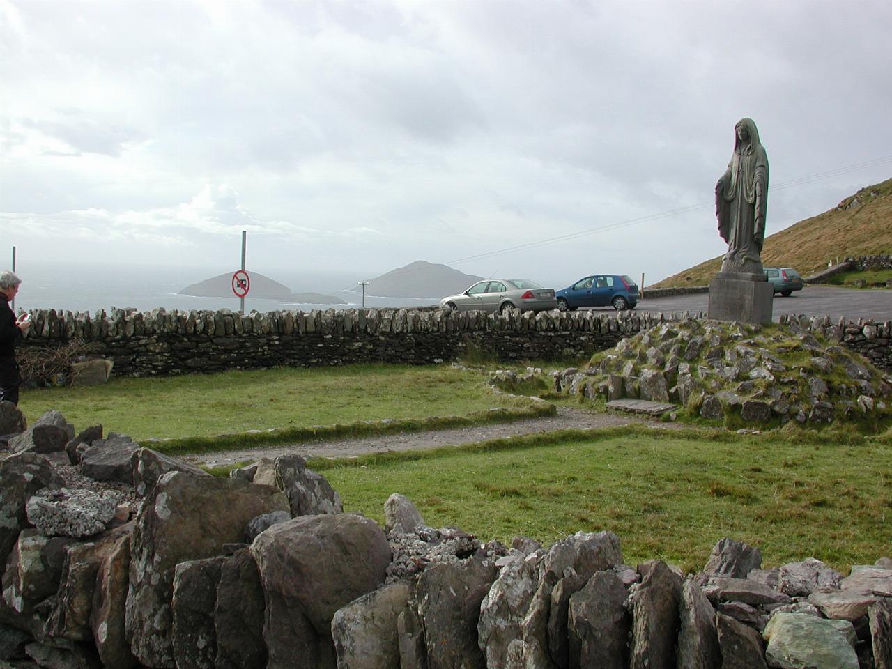 Blessed Virgin Mary at Commakista Pass, Ring of Kerry, showing Scariff (further, bigger) & Deenish Islands