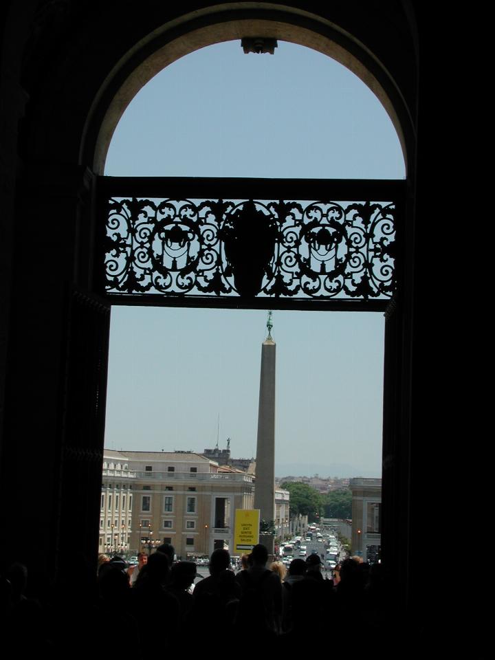 Looking out of St. Peter's Basilica to the Piazza and obelisk