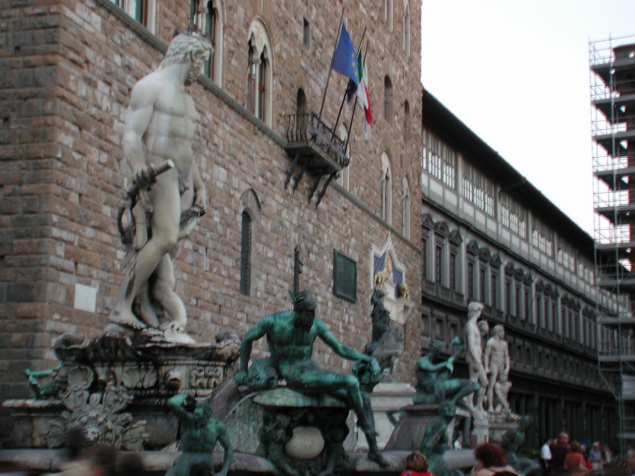 Statues (including David) in front of Palazzo Vecchio