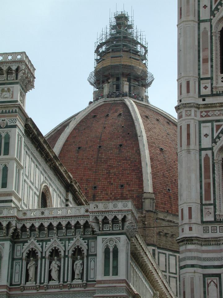 Close up of Duomo and construction work, and tourists on top