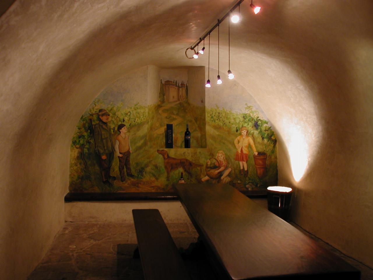 Private room in cellar, featuring mural with groundskeeper (left)