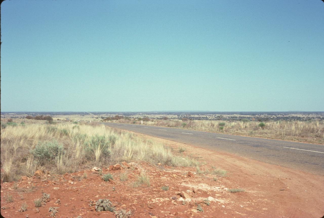Red dirt beside road leading to the horizon; low vegetation