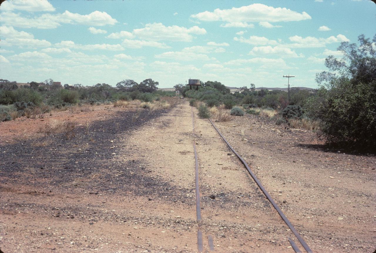 Abandoned rail tracks amidst low scrub leading to water tower