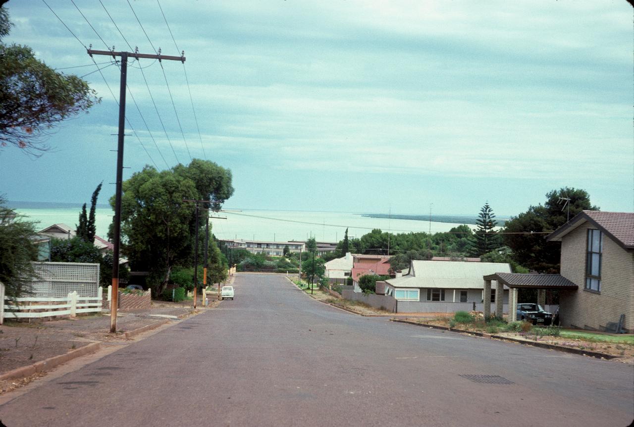 Looking down suburban street to large bay with light green water and overcast sky