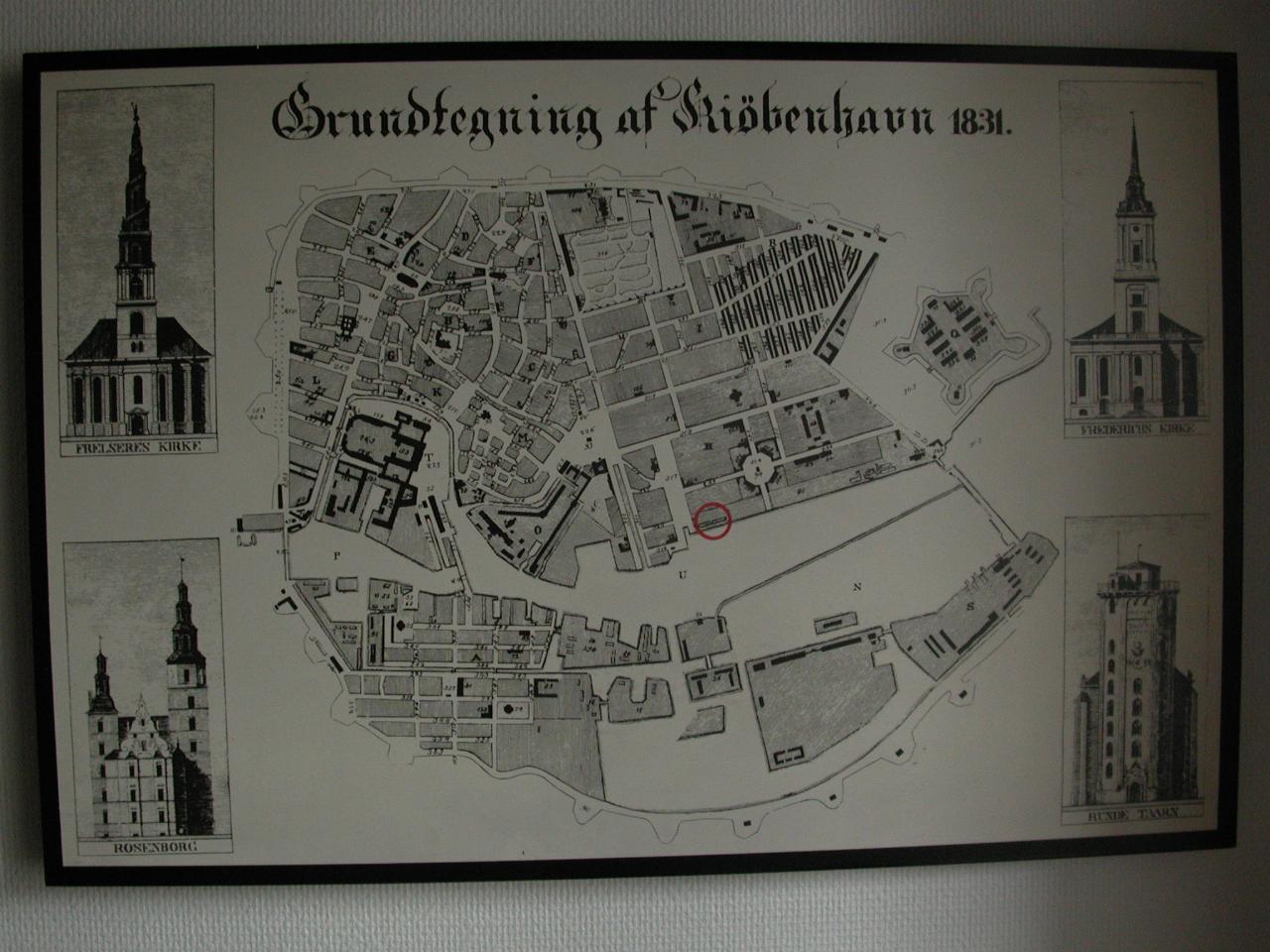 KPLU Viking Jazz: 1831 city map of Copenhagen, showing our hotel building (in red circle).  This was hanging on the wall of my room