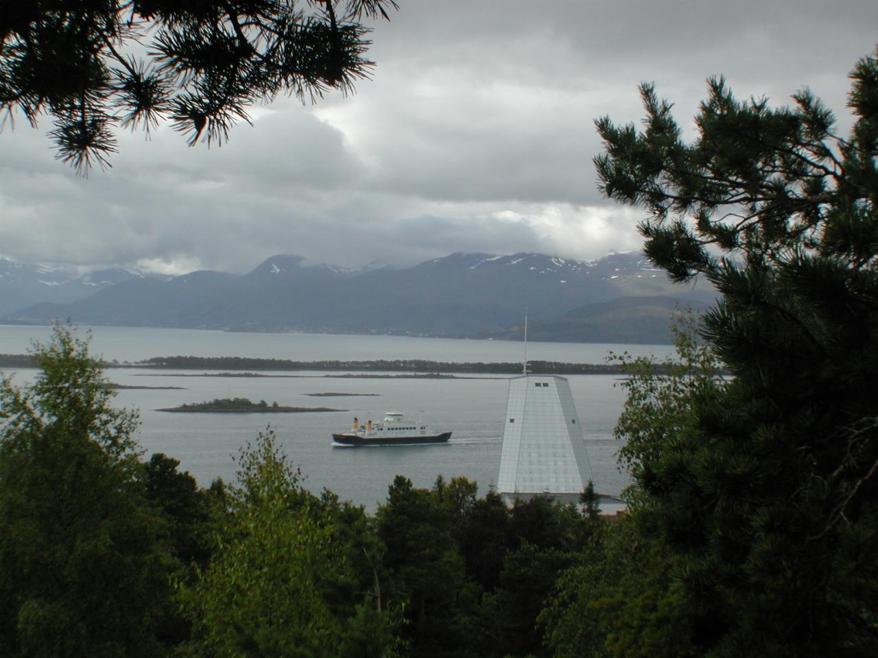 KPLU Viking Jazz: Rica Seilet (Sail) Hotel, as seen from Reknes Park, Molde with ferry passing by