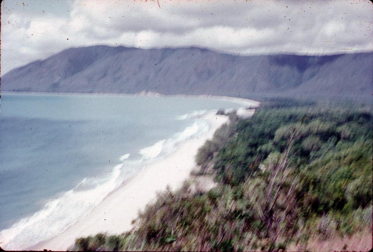 Looking along ocean beach to tree covered mountains at the end