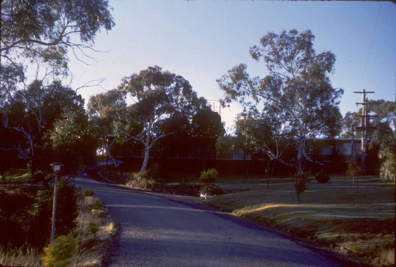 Low motel building atop hill, somewhat hidden by trees