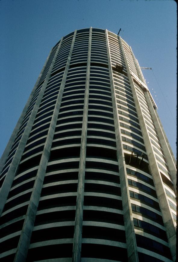 Circular tower building viewed from the base