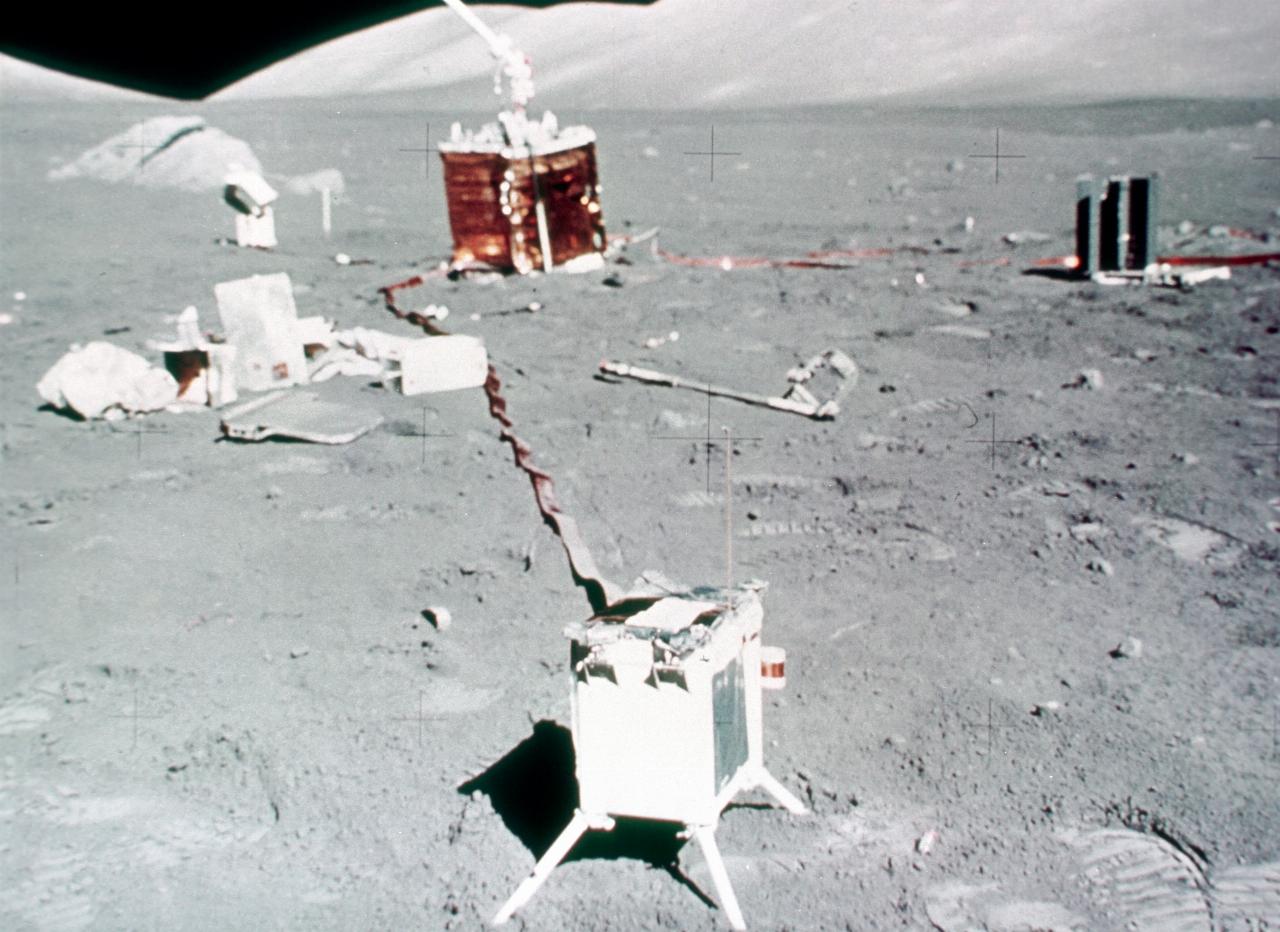 Assorted instruments set out on the lunar surface