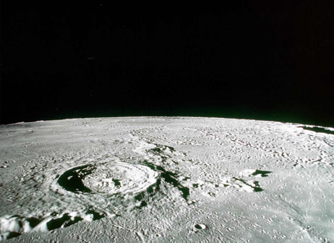 Moon from orbit, showing enormous crater