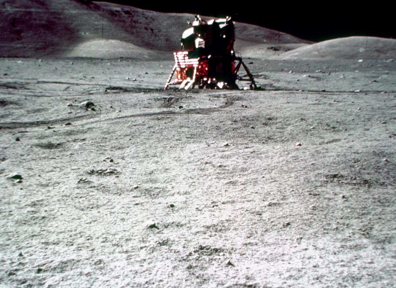 Lunar module by itself with distant hills