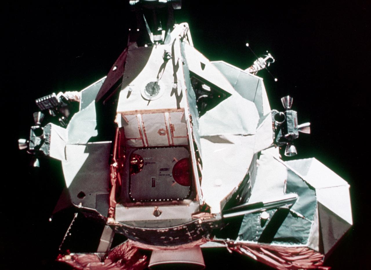 View of side of lunar module approaching command module