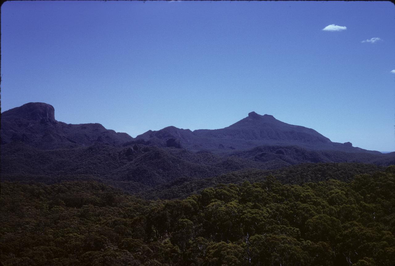 Tree covered valley across to assorted volcanic plugs