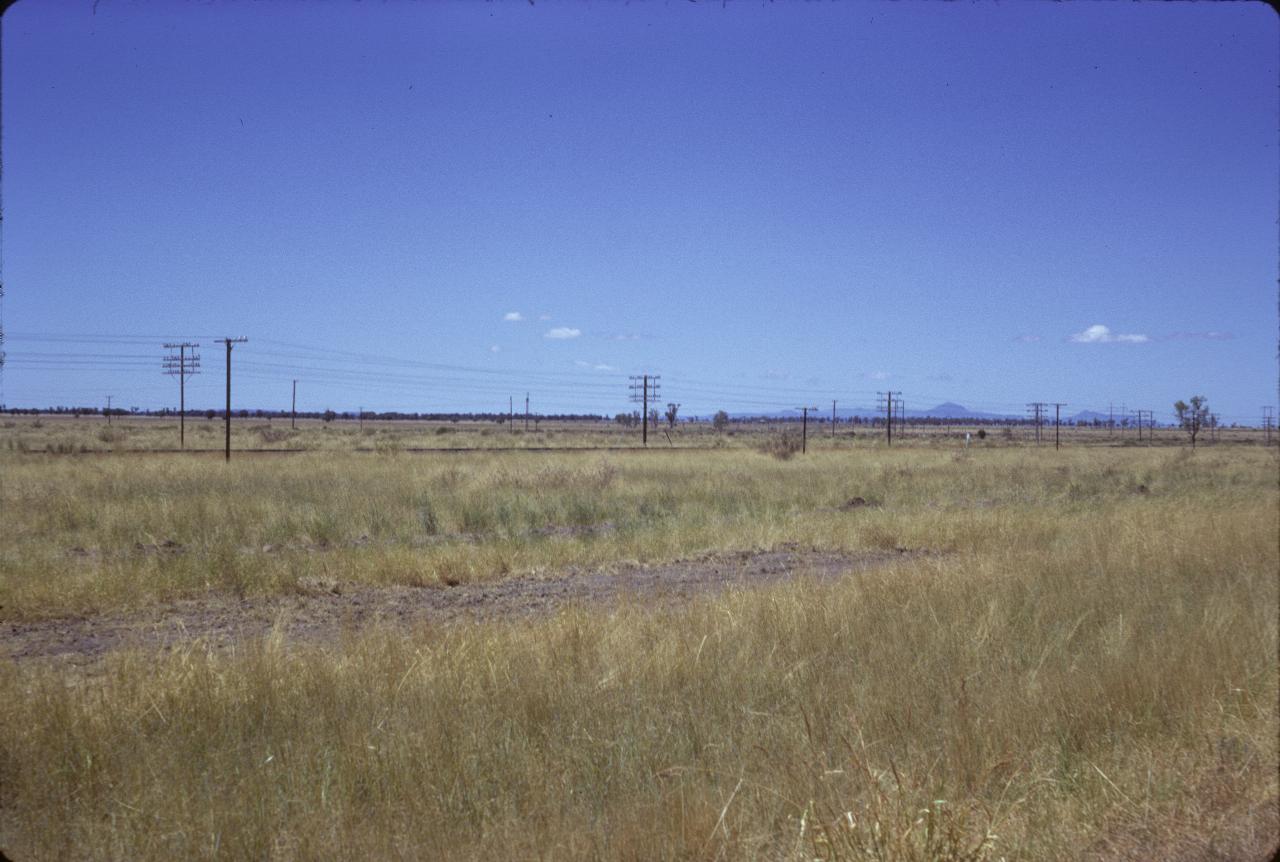 Grassy plain, rail line and very distant hump of a mountain