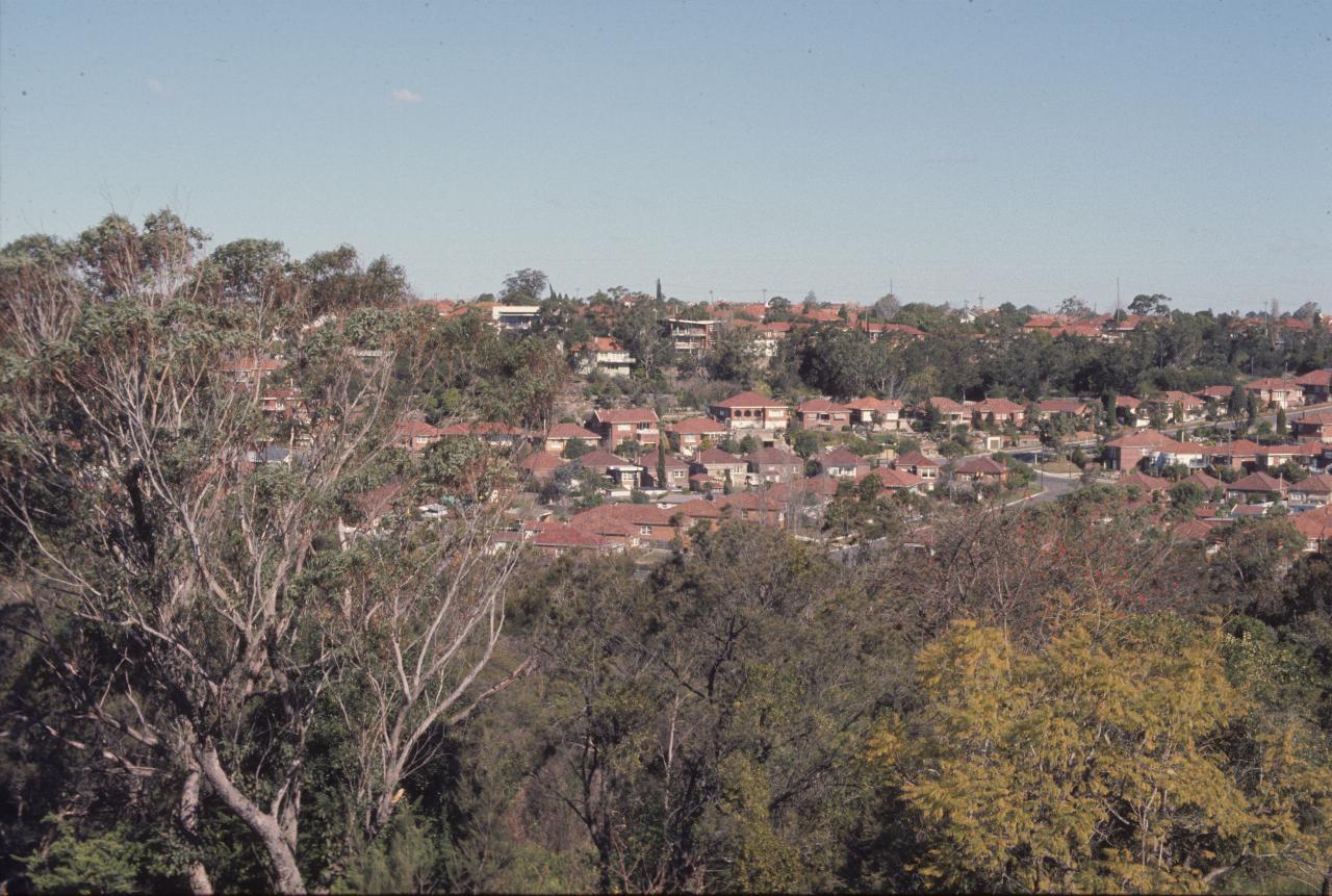 View from hill into valley with houses and along ridge behind