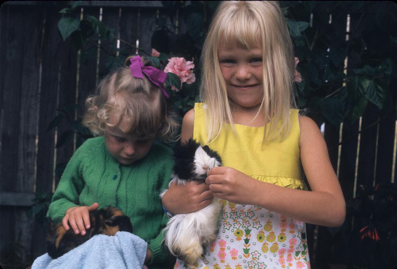 Two little girls holding a guinea pig each