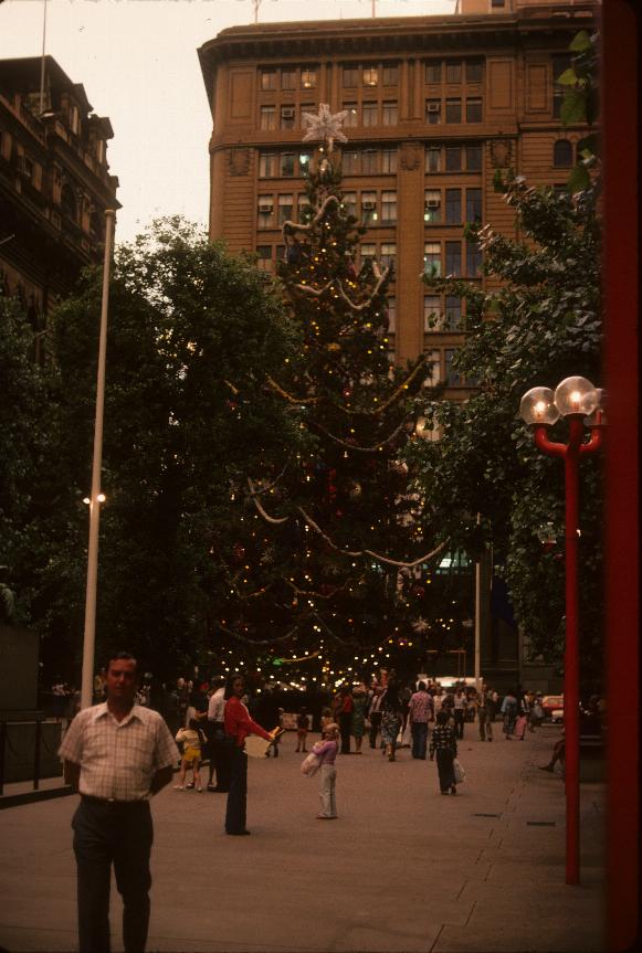 Christmas tree in city plaza, building on 3 sides