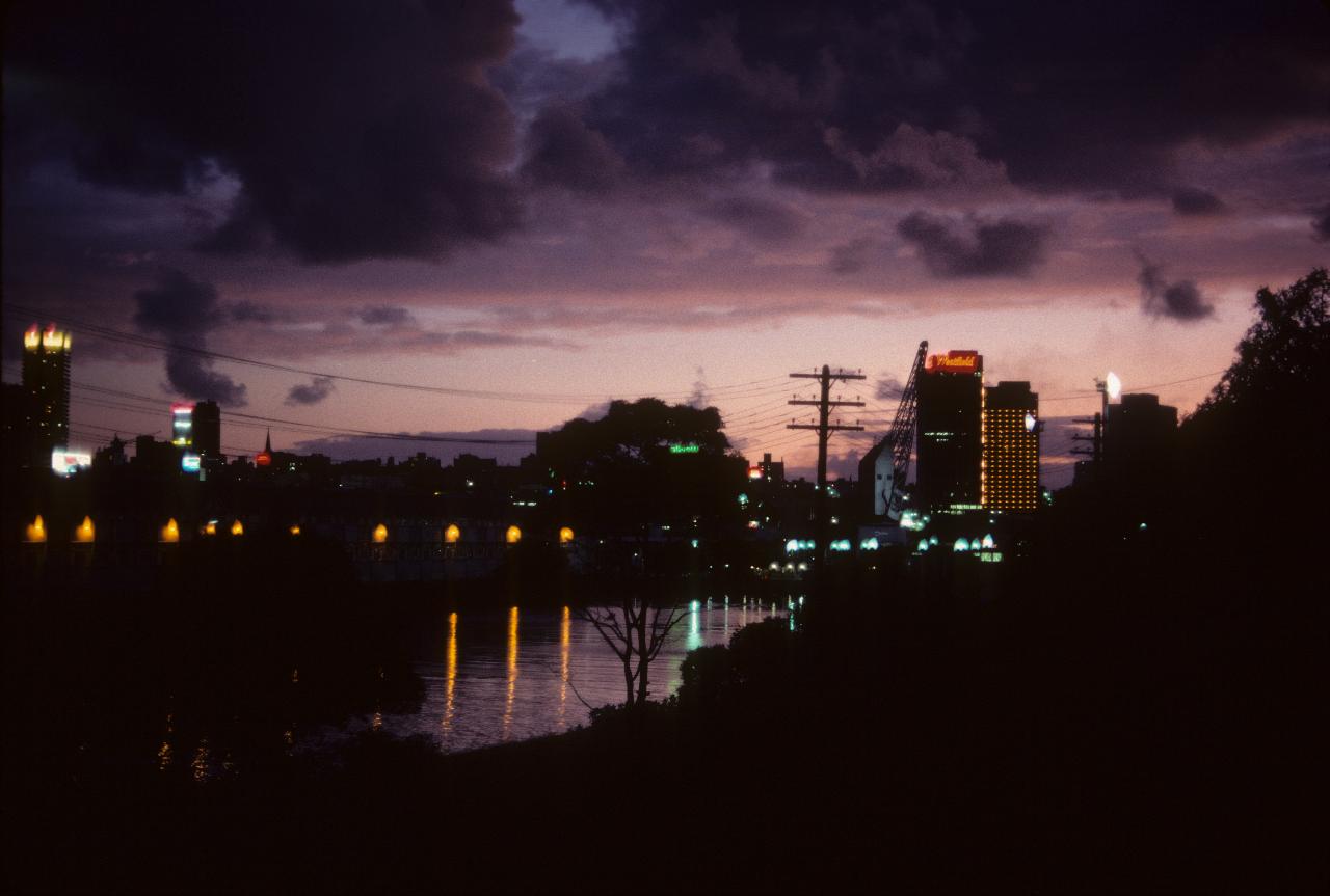 Pink sky behind dark trees, buildings and water