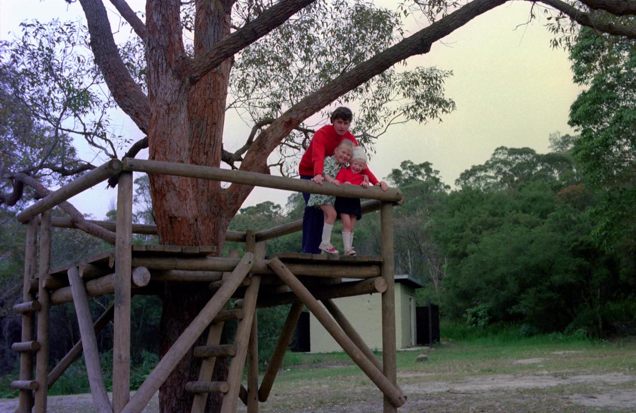 Man with 2 little girls on wooden platform built around a tree