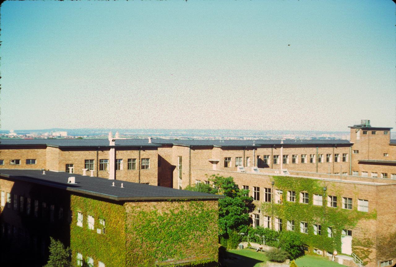 Ivy covered brick building, across suburbia to bay and hills covered with trees in distance