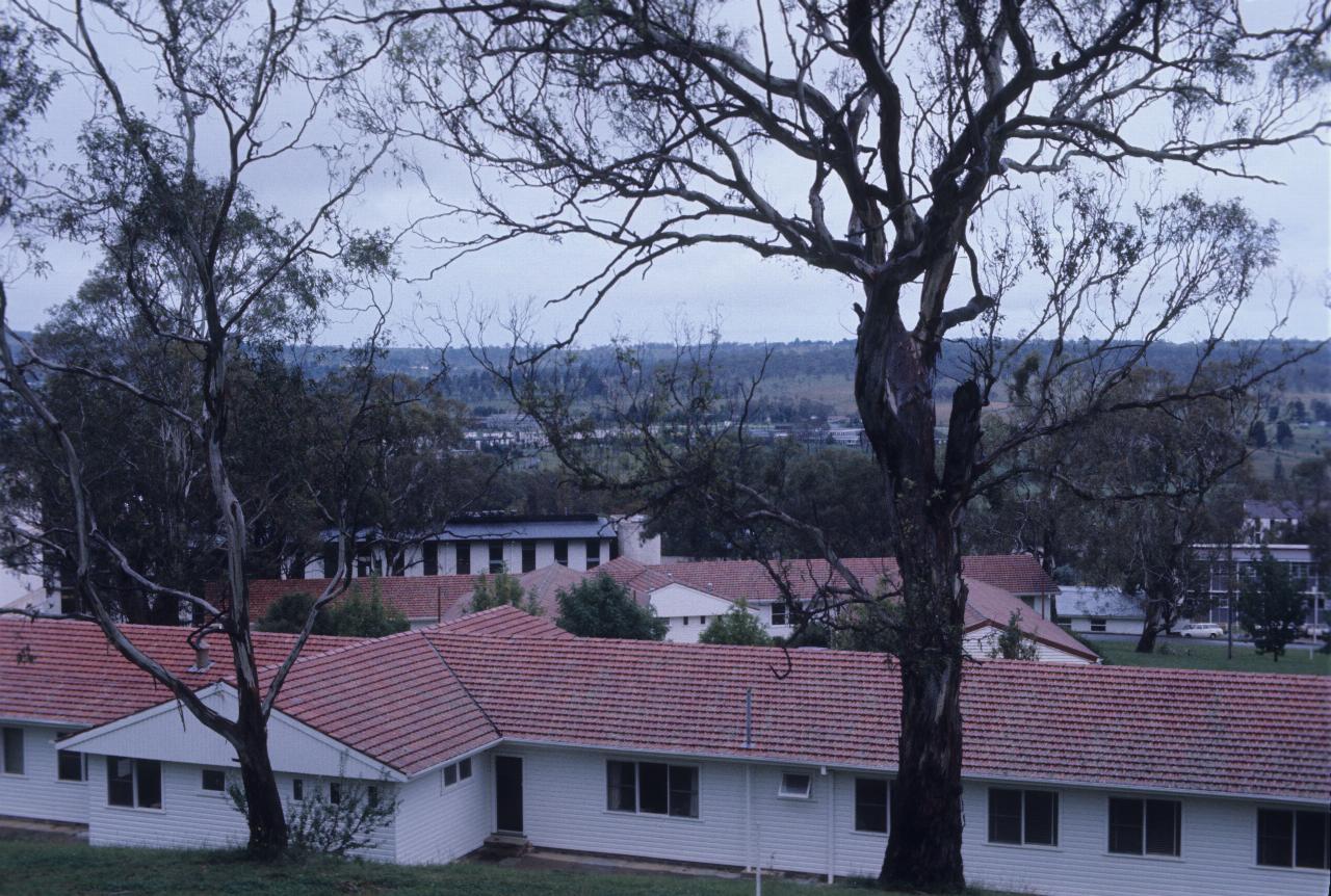 View over university campus, white buildings with red tile roof