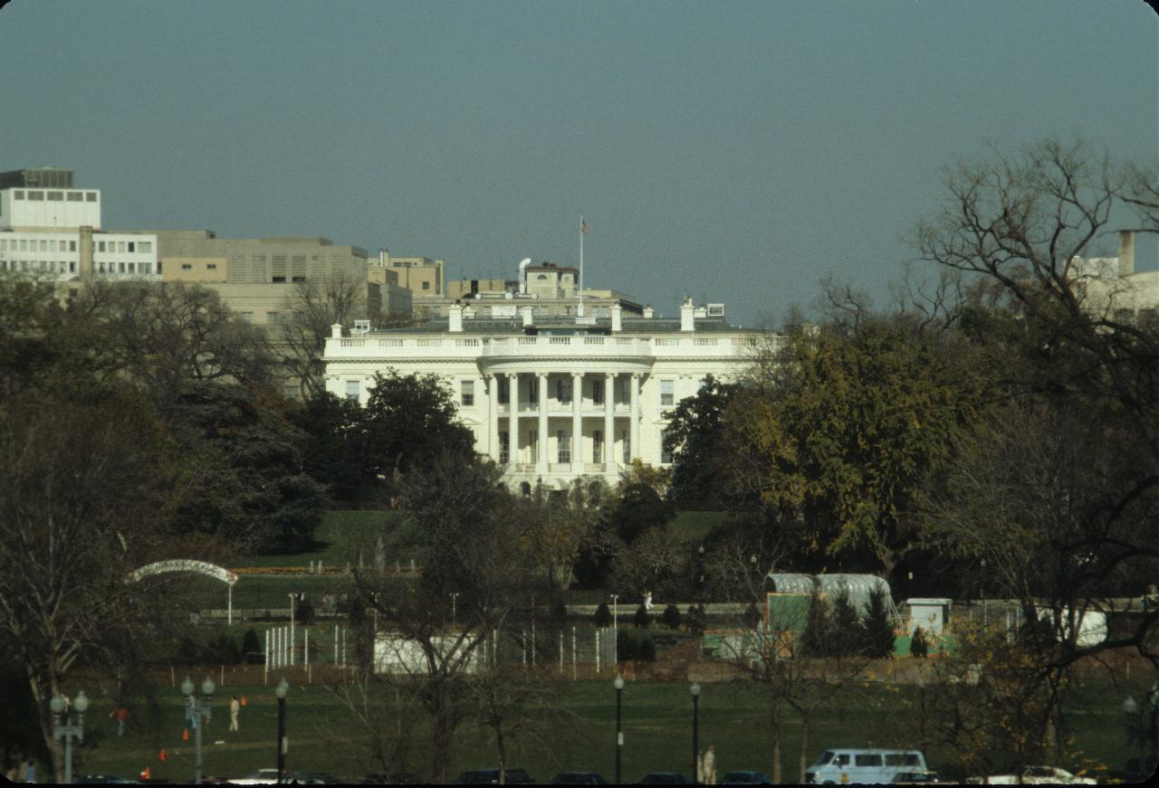 Beyond trees is white building with a circular balcony and pillars