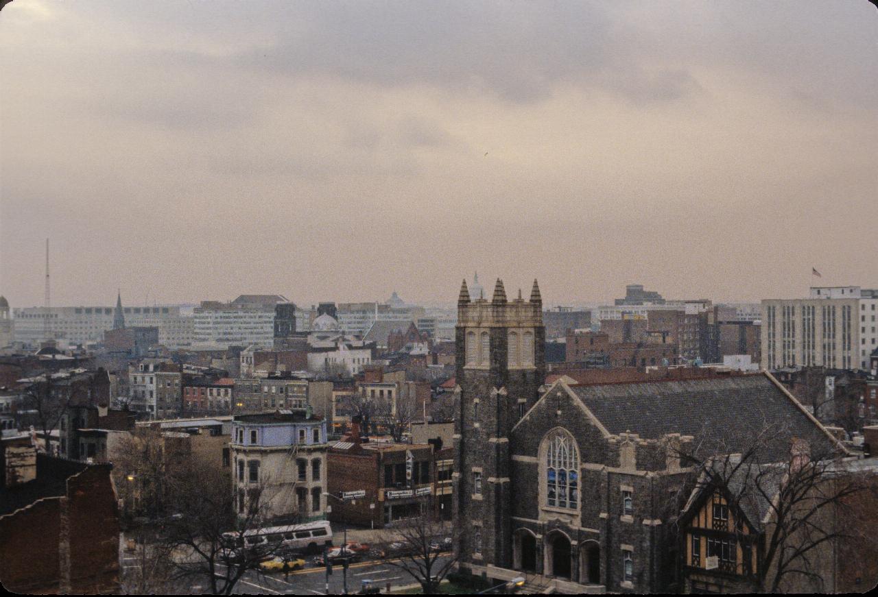 View over older buildings and church