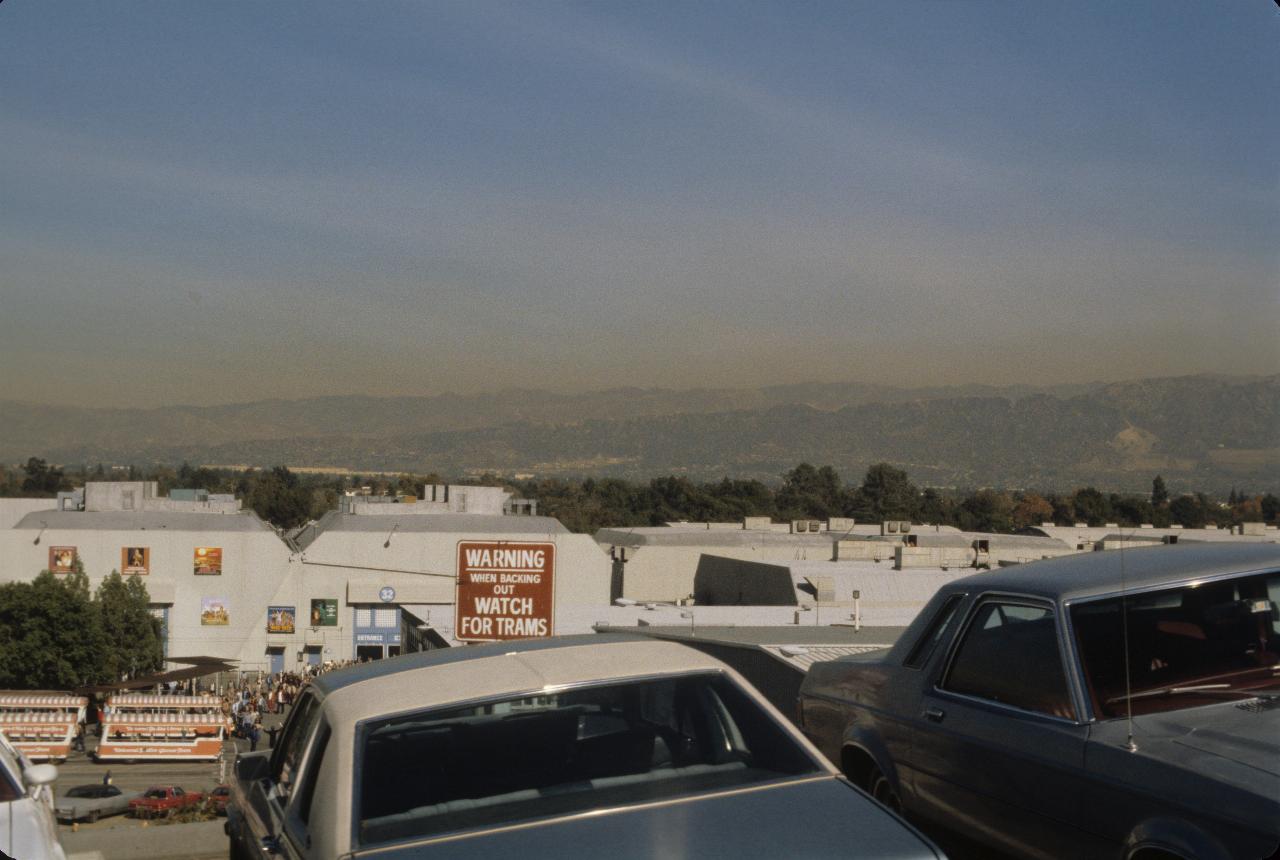 Sound stages at Universal Studios, with view of Los Angeles