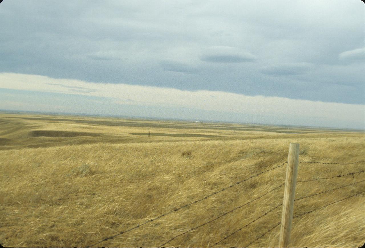 Grass covered land descending from rise where photo was taken