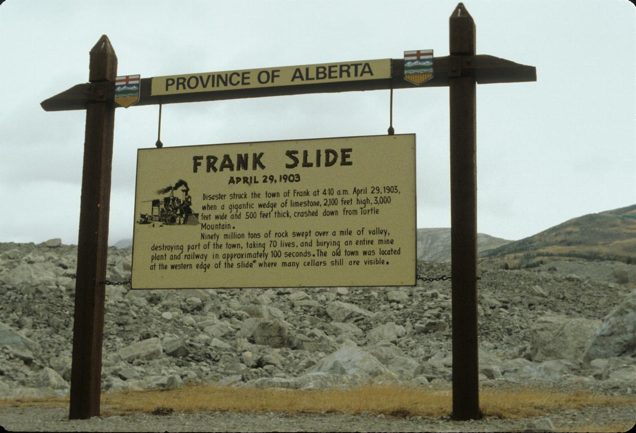 Sign explaining the rock slide on the opposite mountain