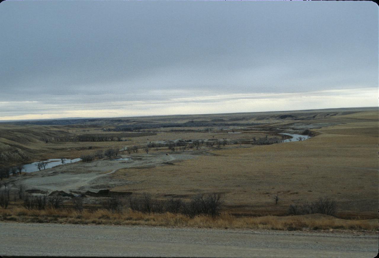 View over grassy plains with coulee (shallow river valley)