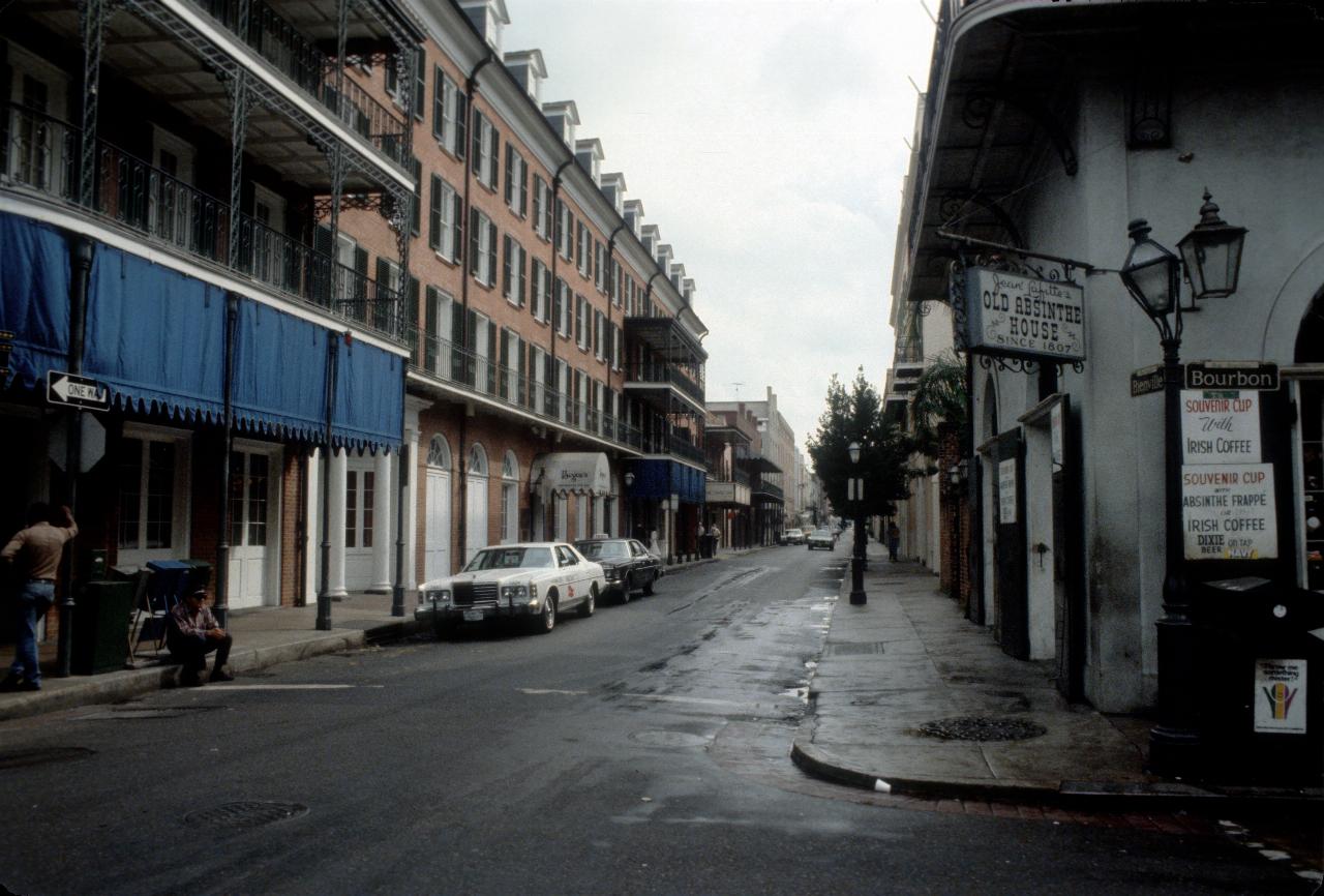 Looking down Bienville Street at Bourbon in the French Quarter