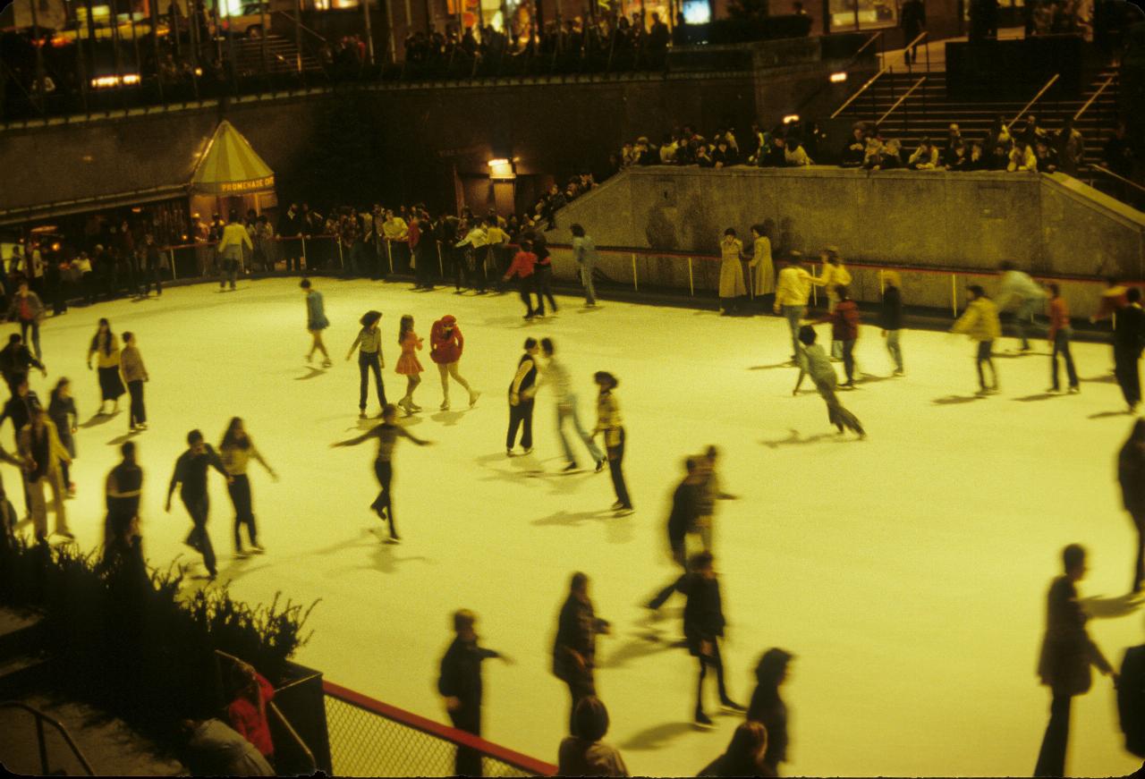 Ice skaters on a rink with people watching from above