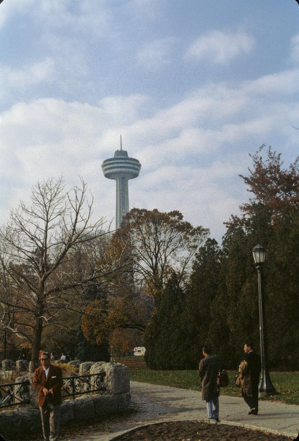 Distant viewing tower seen from park with trees loosing their leaves