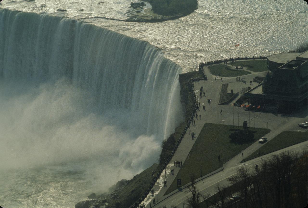 Section of falls and nearby land, with grass and paths