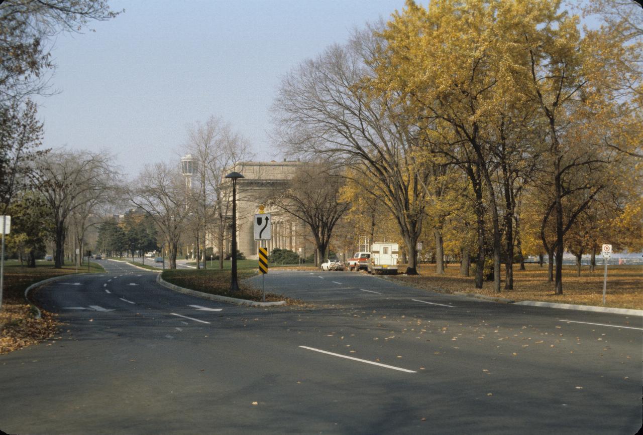 Autumn trees partly hiding the power station and Skylon Tower