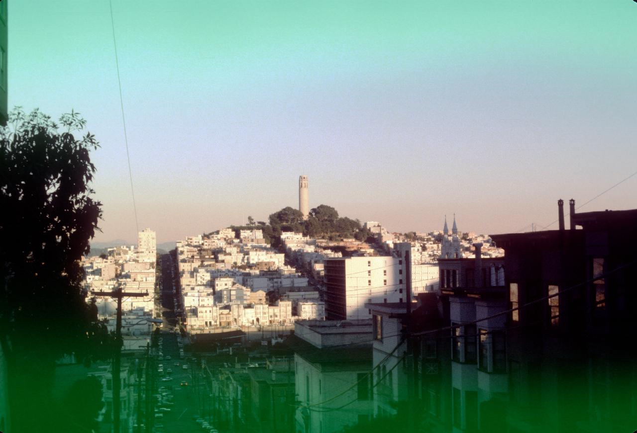 Coit Tower, seen from Lombard Street at the bottom of the twisty bit