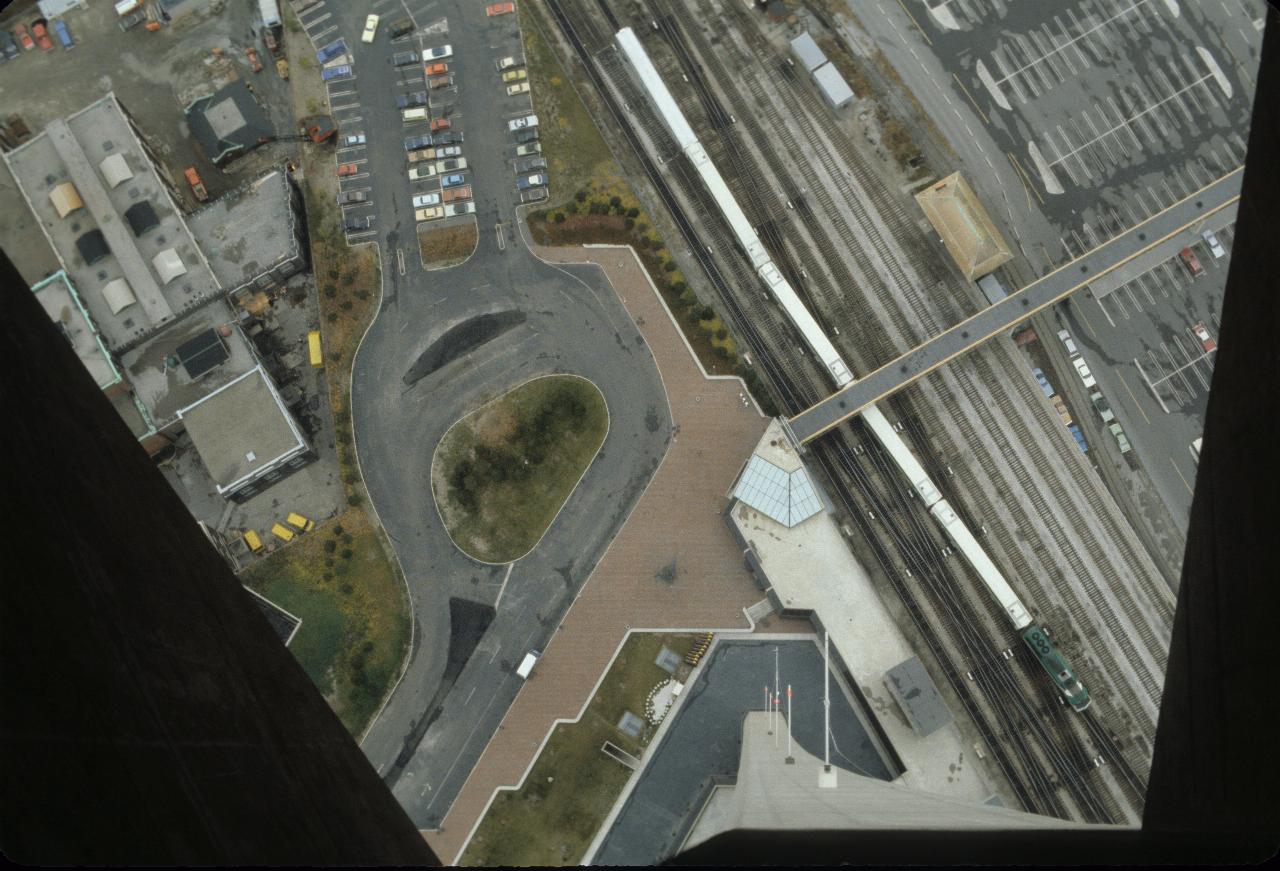 View down the side of the CN Tower, with a \