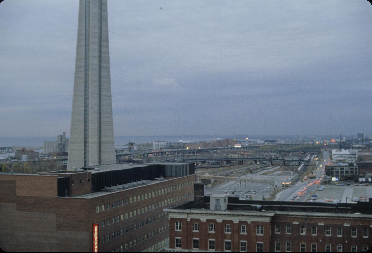 Toronto from hotel window; rush hour traffic, CN Tower