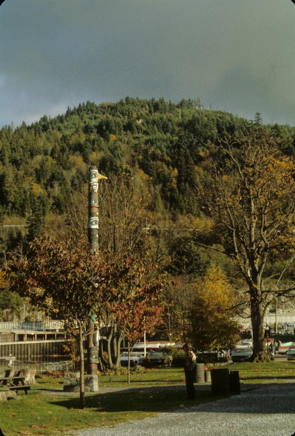 Totem pole in foreground, amidst trees with turning leaves, and a hillside in the background with evergreens and deciduous trees of varied colours