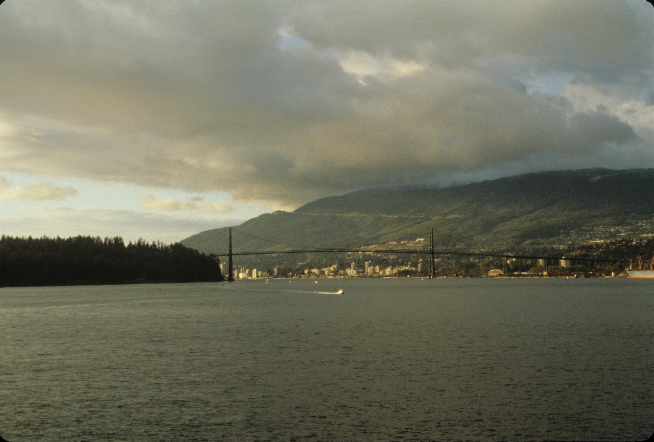 Suspension bridge in middle, to forested headland on left, hilly are to the right