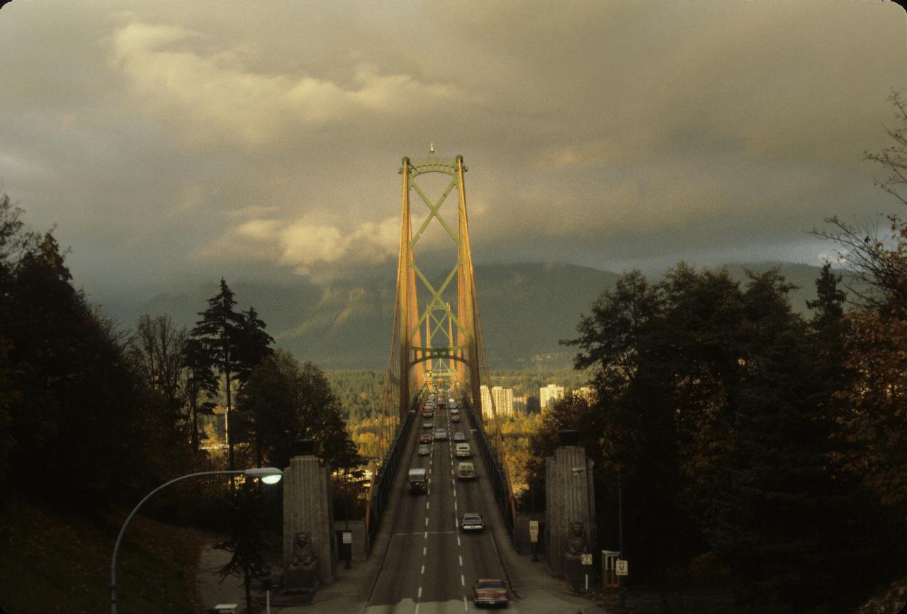 From Stanley Park, looking along the suspension bridge to buildings then hhills behind