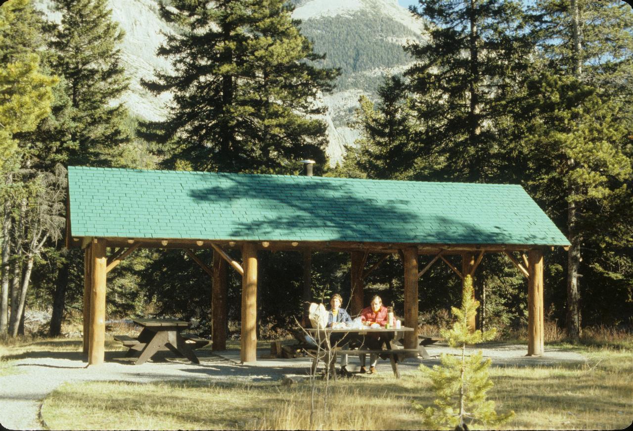 Two people sitting at a picnic table in the forest