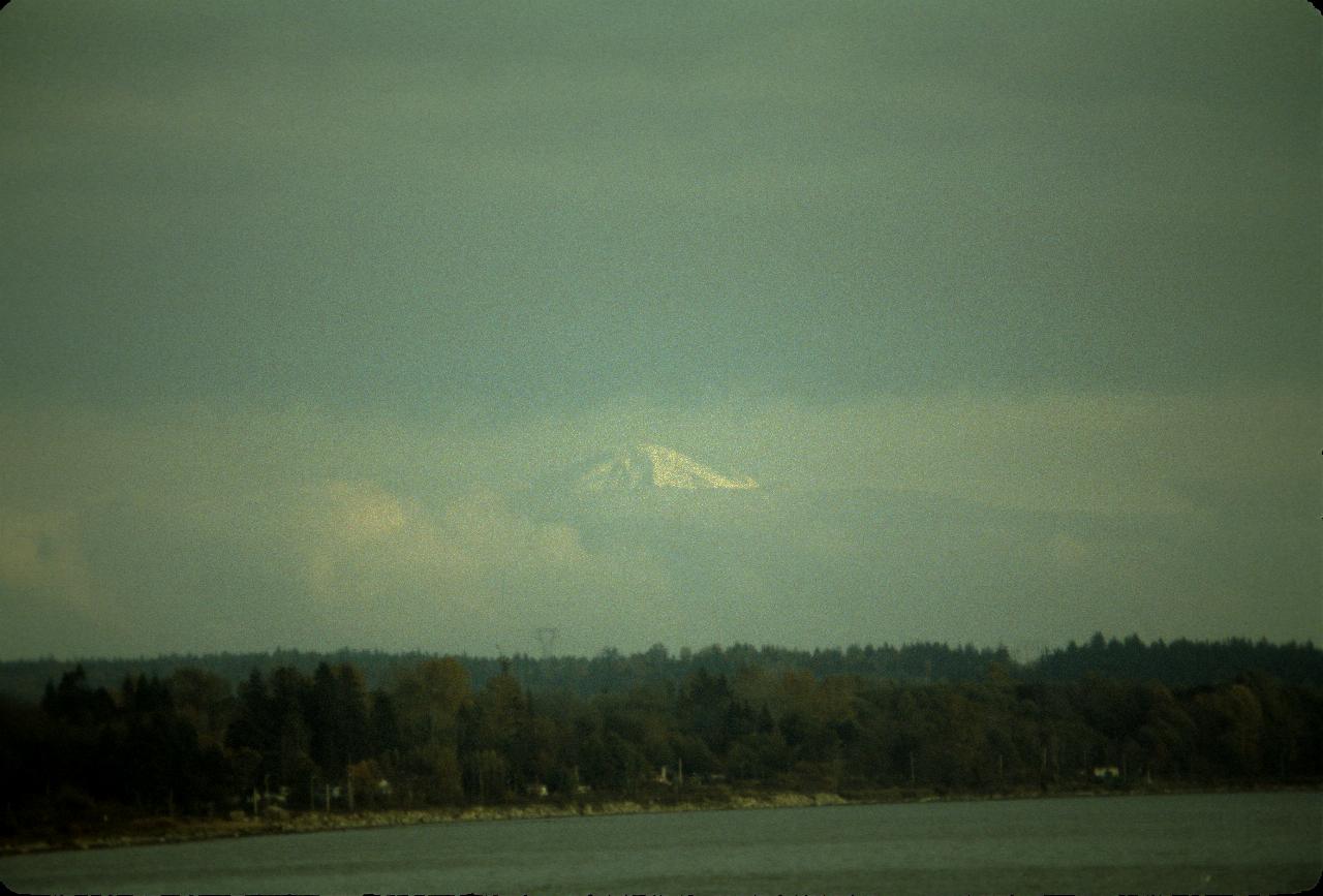 Distant snowy peak amidst clouds behind shore with dense tree cover